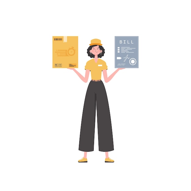Mujer mensajera entrega un paquete y emite una factura Concepto de entrega a domicilio Estilo moderno aislado Vector