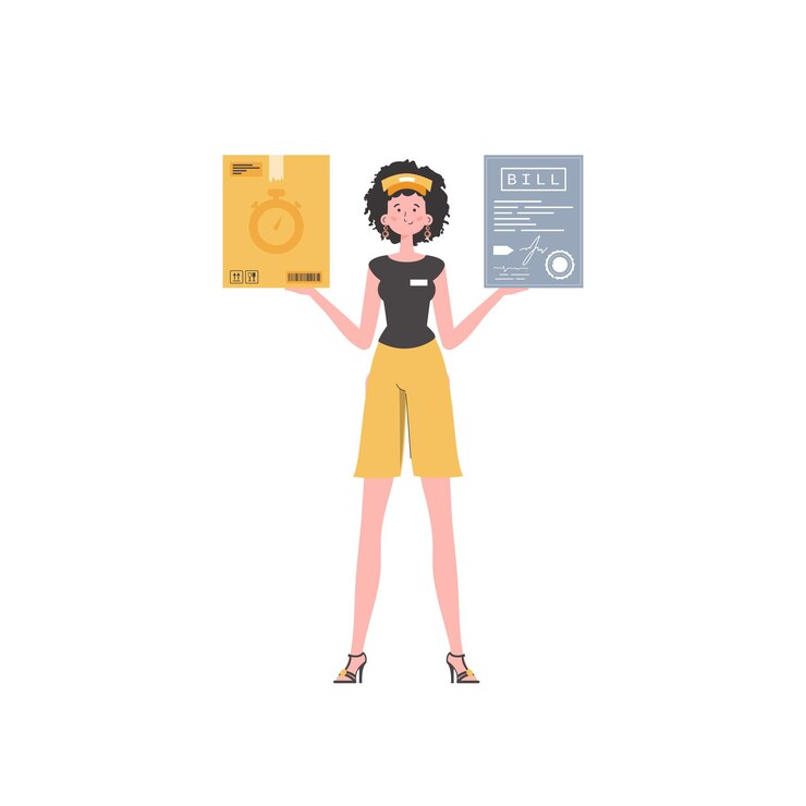 Vector una mujer mensajera sostiene un paquete y un cheque concepto de entrega a domicilio vector de estilo de dibujos animados aislado