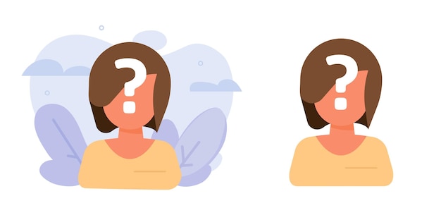 Mujer mente signo de interrogación icono plano diseño desconocido sin rostro anónimo chica persona problema duda