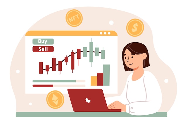 Mujer con mercado de criptomonedas chica con portátil por bitcoins inversión y comercio de economía.
