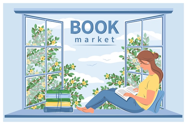 Vector mujer del mercado de libros leyendo un libro y sentada en la ventana de la primavera