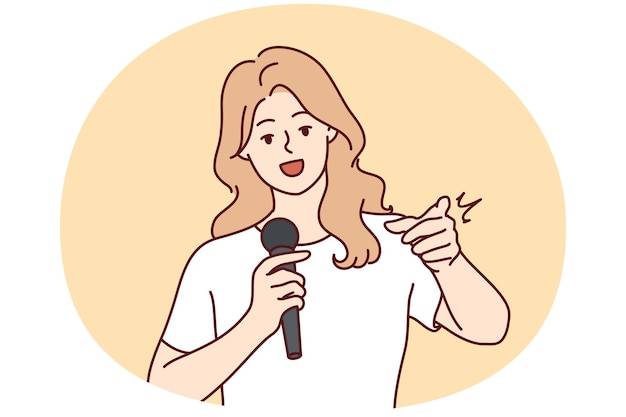 Mujer con micrófono comunicarse con la audiencia