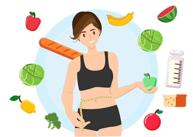 Vector mujer midiendo su cintura y sosteniendo manzana verde fresca en la mano vector de ilustración de dibujos animados de estilo plano
