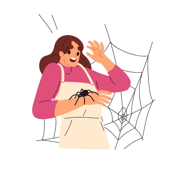 Mujer con miedo a las arañas, web. Asustado, asustado, ansioso, temeroso, persona, en pánico, con, arácnido, insecto. Aracnofobia, concepto de psicología de la fobia. Ilustración de vector plano aislado sobre fondo blanco.