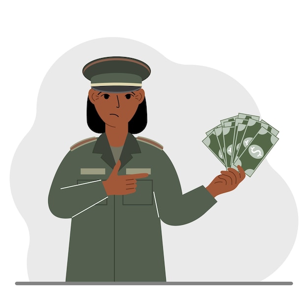 Mujer militar tiene mucho dinero en la mano El concepto de pago por servicio militar o servicio en el ejército bajo contrato