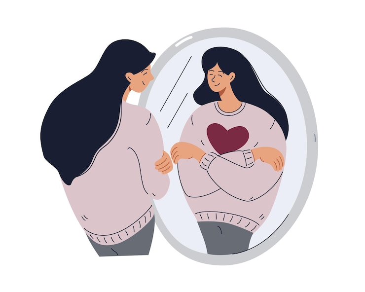 Vector la mujer mira su reflejo en el espejo se abraza a sí misma ilustración de vector plano de amor propio y cuidado