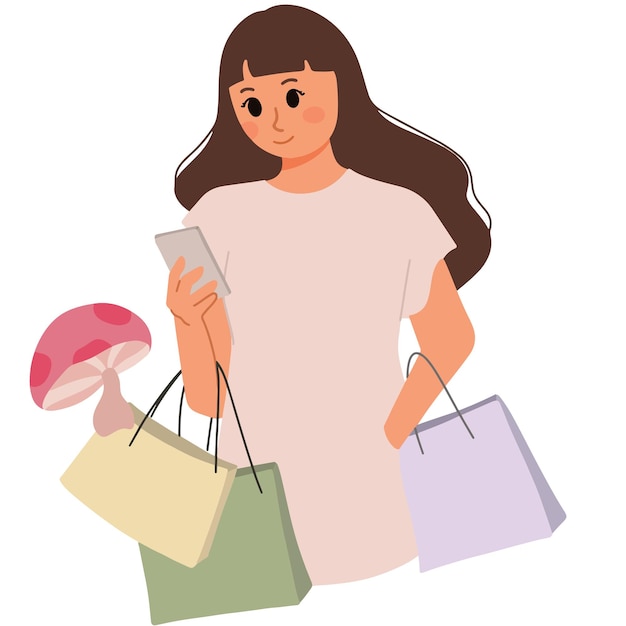 Mujer mira su teléfono mientras trae ilustración de bolsa de compras