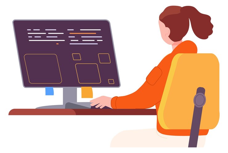 Vector mujer mirando el código en la pantalla de la computadora programador trabajando