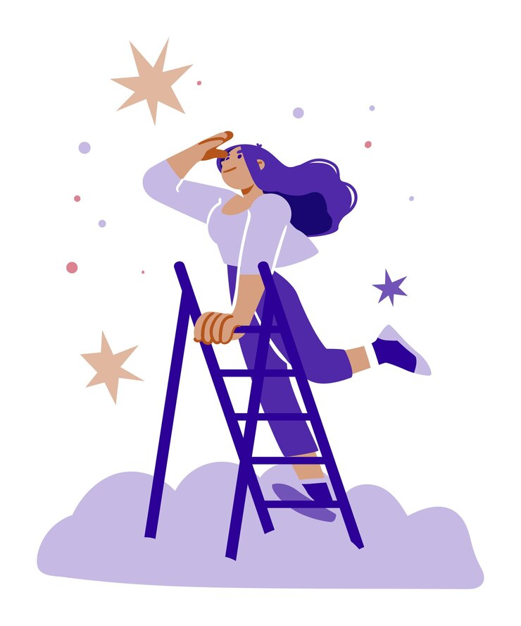 Vector mujer mirando en la distancia en la cima de una escalera entre las estrellas