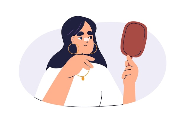 Mujer mirándose en el espejo después de una rinoplastia revisando la piel de la nariz y la cara con parche de curación Personaje femenino recuperándose de una cirugía plástica Ilustración vectorial plana aislada sobre fondo blanco
