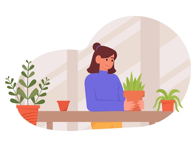 mujer, el mirar, plantas, ilustración