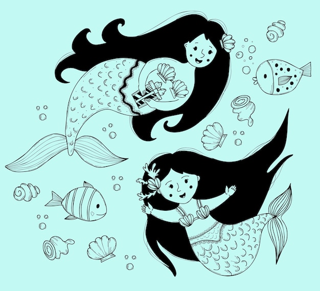 Mujer mítica Linda sirena vector dibujado a mano contorno Colección conchas marinas pescado garabato lineal