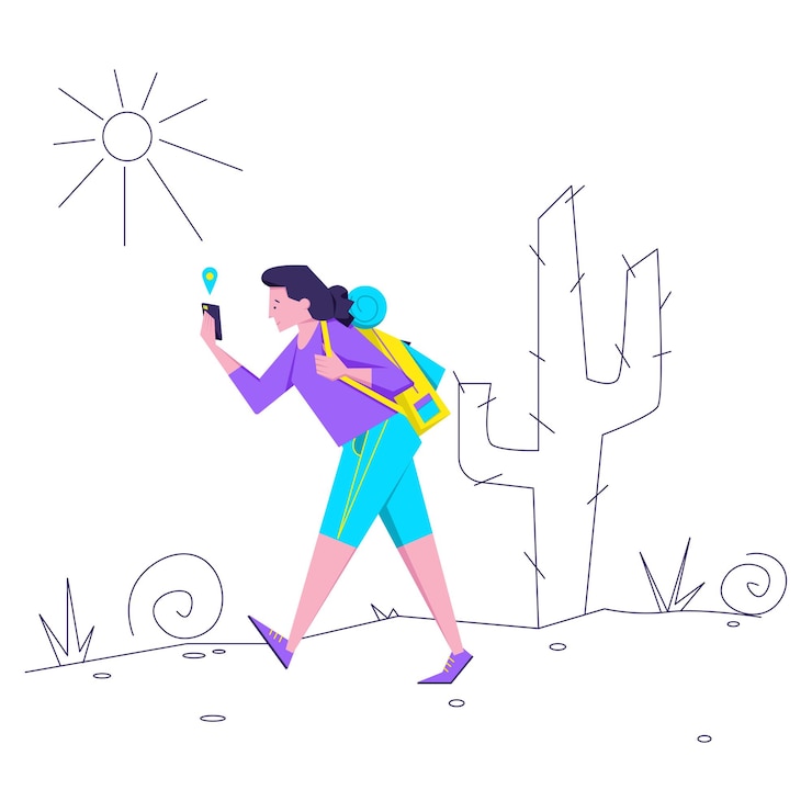 Vector mujer con mochila recorre la ruta