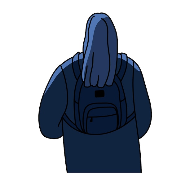 Mujer con mochila en la vista trasera de la noche Explorador de mochileros por detrás de la parte trasera Mujer turista migrante refugiada personaje extraño Ilustración vectorial plana aislada en fondo blanco