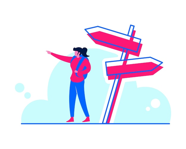 Mujer mochilera señalando la dirección Escena de ilustración vectorial