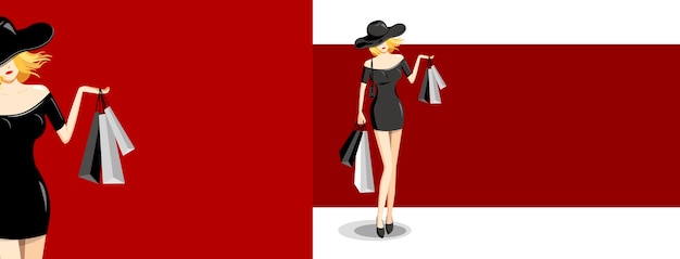 Vector mujer de moda con bolsa de compras sobre fondo rojo