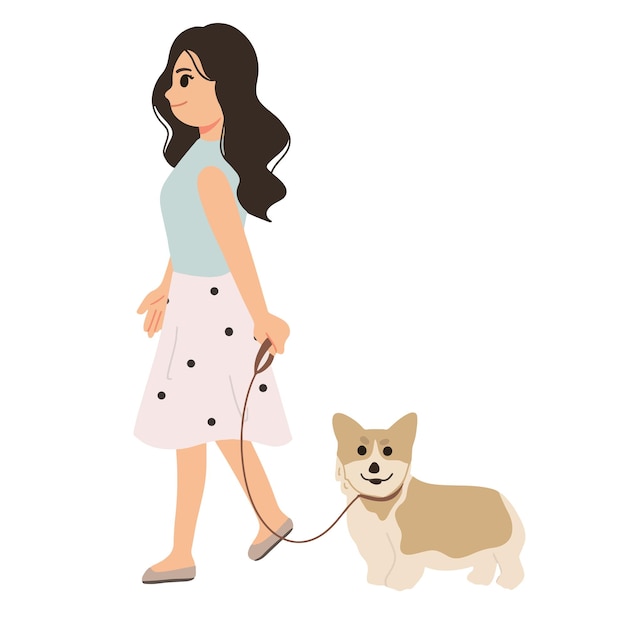 Vector una mujer de moda caminando con la ilustración de su perro.