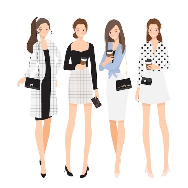 Mujer de moda en colección de dibujos animados de estilo plano de traje de trabajo blanco y negro