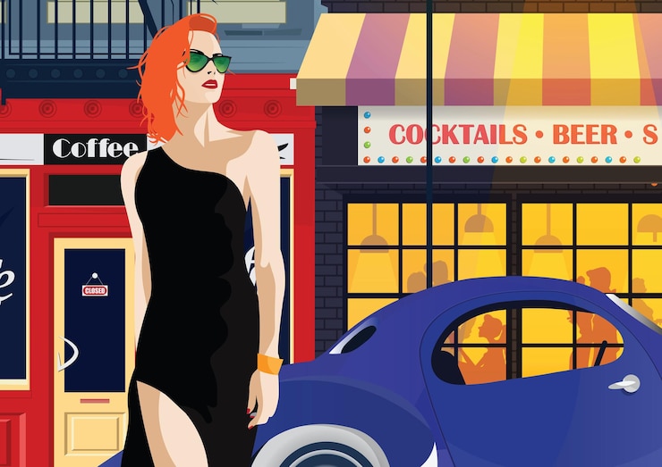 Vector mujer de moda en estilo pop art la chica de la calle de nueva york. ilustración vectorial