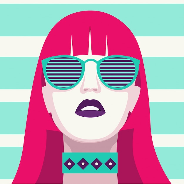 Mujer de moda con gafas de sol. Retrato de arte. Diseño plano.