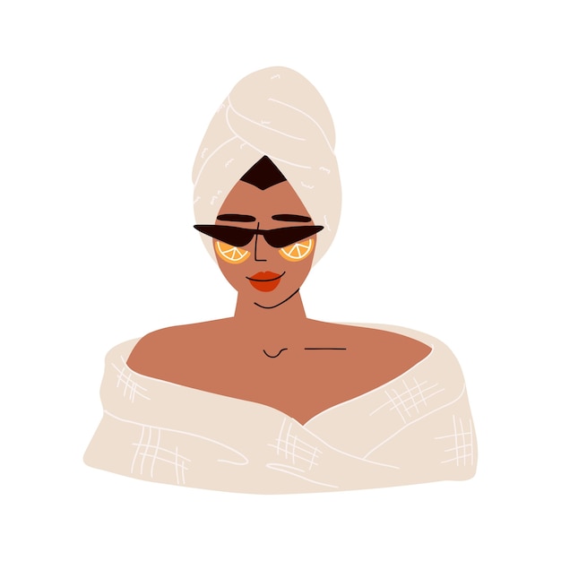 Mujer de moda en gafas y toalla de baño ilustración vectorial en estilo plano