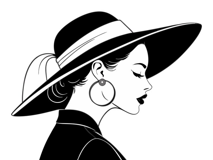 Mujer de moda minimalista vector negra y blanca elegante retrato femenino en sombrero arte de línea elegante
