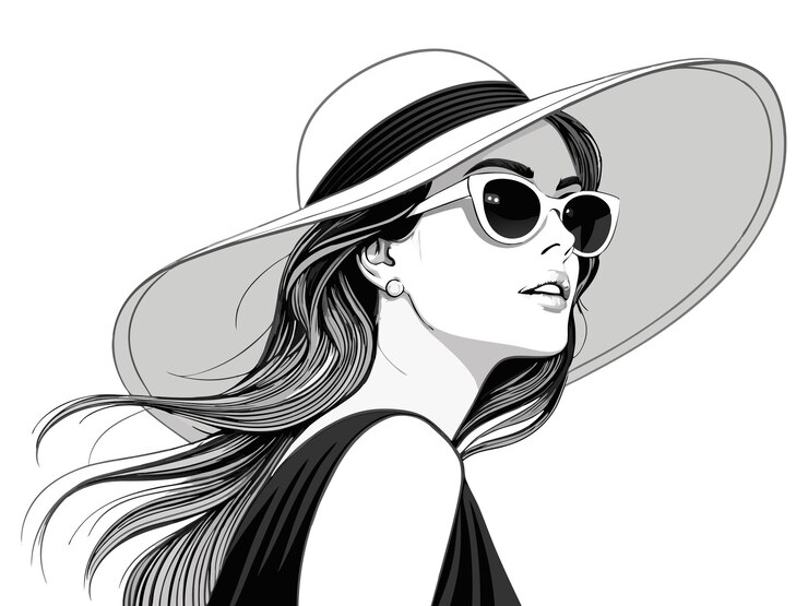 Mujer de moda minimalista vector negra y blanca elegante retrato femenino en sombrero arte de línea elegante