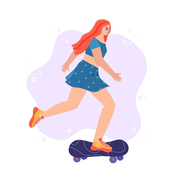 Vector mujer de moda con una patineta. ilustración en estilo de dibujos animados.