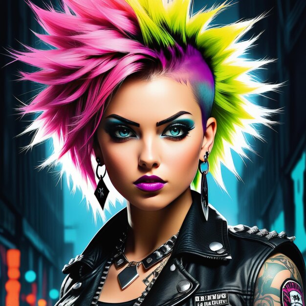 mujer de moda con una peluca colorida con luces de neón ilustración 3D