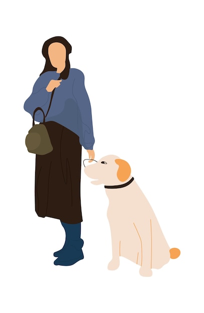 Mujer de moda con perro mujer caminando con recreación animal en la ciudad símbolo de plantilla aislada para parques y áreas públicas sobre fondo blanco vector tiempo libre con mascotas ilustración plana