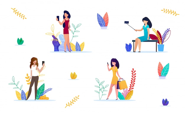 Mujer moda tomando Selfie Set
