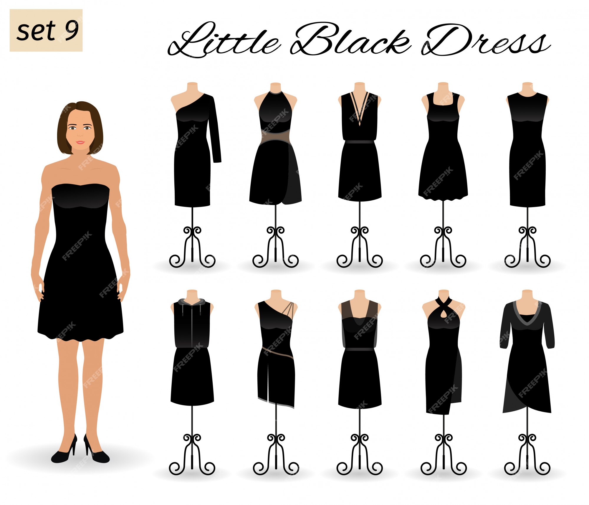 Mujer de moda en vestido negro. de vestidos cóctel en maniquíes. | Vector Premium