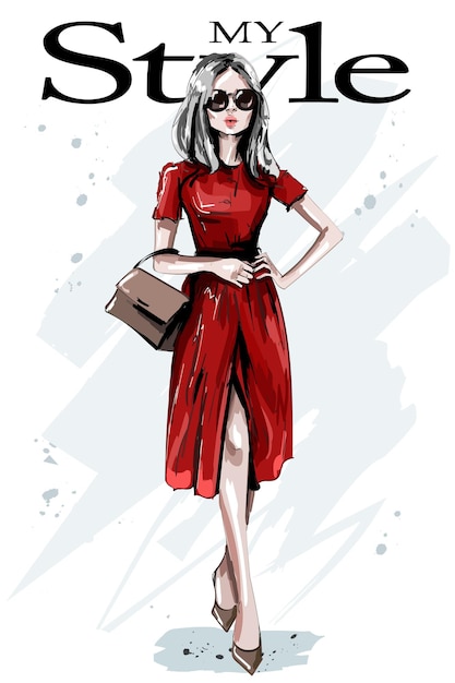 Vector mujer de moda en vestido rojo.