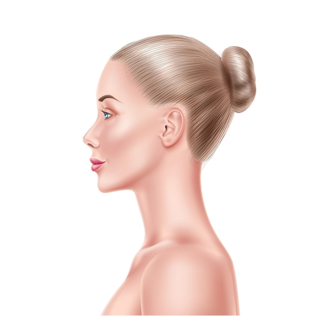 Vector mujer modelo cara vista lateral. retrato detallado de productos de cosmetología, champú, rímel