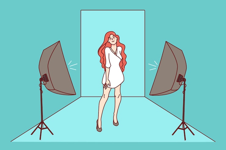 Vector mujer modelo posando en vestido en estudio