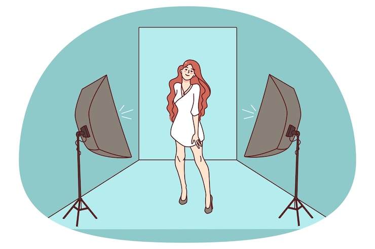 Vector mujer modelo posando en vestido en estudio