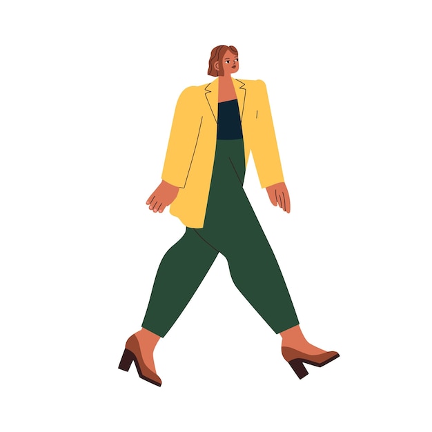 Mujer moderna caminando, vistiendo ropa de moda. elegante mujer con corte bob en chaqueta de moda, pantalones y zapatos de tacón alto. ilustración de vector plano aislado sobre fondo blanco