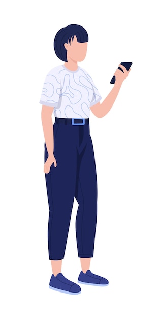 Mujer moderna con carácter de vector de color semi plano de teléfono inteligente