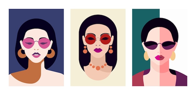 Mujer moderna diferente cultura étnica moda arte pop retrato cartel mínimo conjunto vector plano