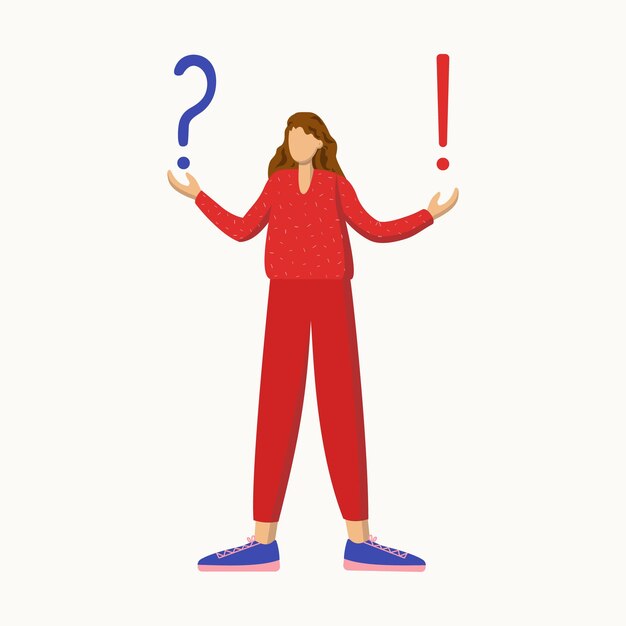 Mujer moderna Pregunta y signos de exclamación Problema y concepto de solución Pregunta respuesta Dilema