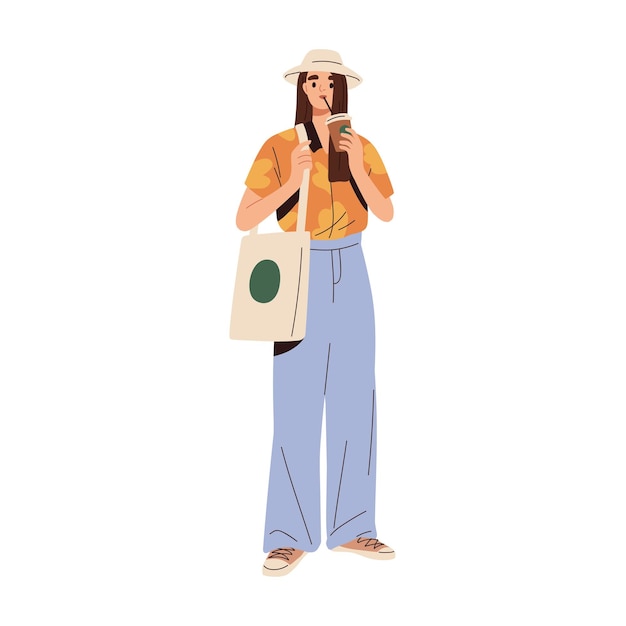 Vector mujer moderna con ropa informal de verano. mujer elegante con ropa de moda y bolso de mano. modelo con pantalones acampanados sueltos, zapatillas y sombrero. ilustración de vector plano aislado sobre fondo blanco.