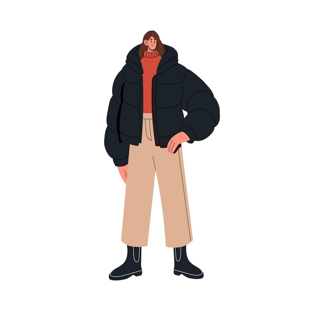 Mujer moderna en traje casual de invierno Chica joven con ropa de moda ropa de abrigo en estilo moderno Mujer en chaqueta suéter botas pantalones Ilustración de vector plano aislado sobre fondo blanco