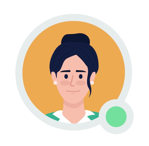 Vector mujer con moño peinado icono de avatar de vector plano con punto verde