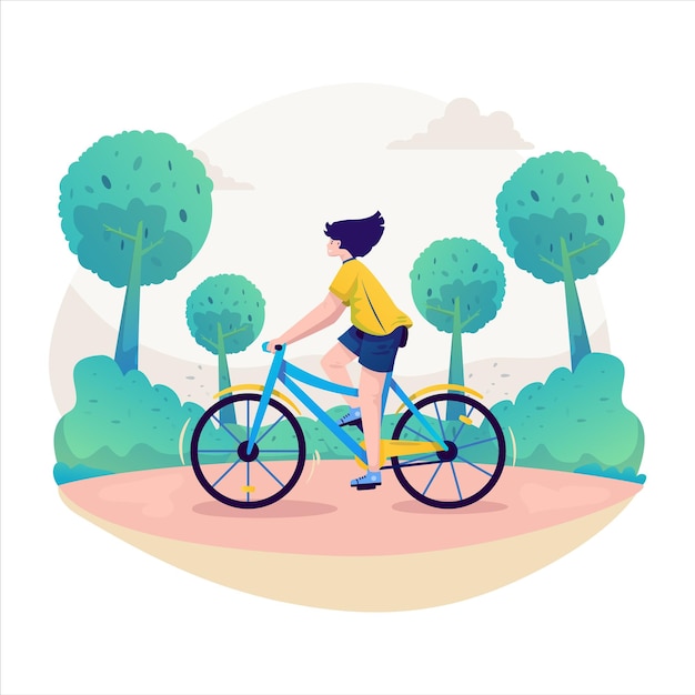 Una mujer monta una bicicleta plano diseño de ilustración