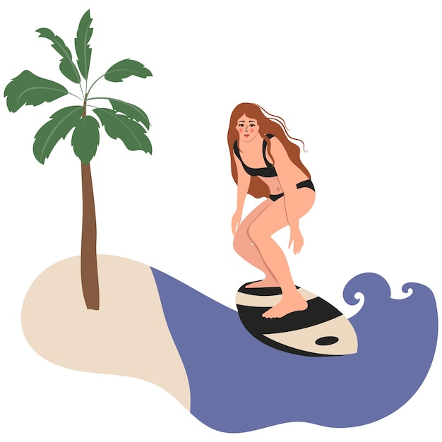 Mujer monta una tabla de surf en el mar cerca de la playa ilustración vectorial aislado