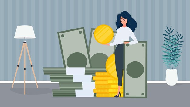 Mujer y una montaña de dinero. La niña se encuentra cerca de monedas de oro y grandes billetes de un dólar. Un fajo de dinero. El concepto de un negocio exitoso, ganancias y riqueza. Vector.