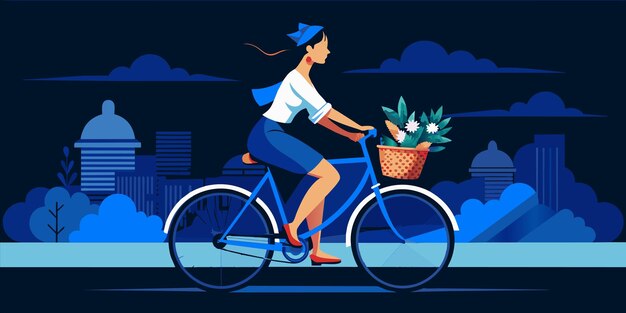 Vector una mujer montando una bicicleta con una canasta de flores en la mano