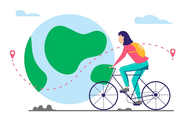 Mujer montando en bicicleta cerca de un planeta enorme. ilustración vectorial el concepto de un estilo de vida activo.