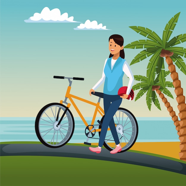 Vector mujer montando una bicicleta en la playa