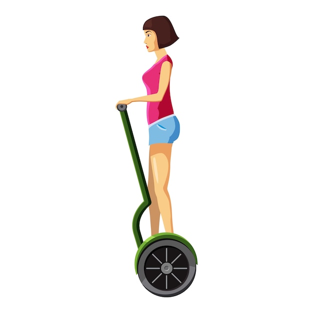 Mujer montando icono de scooter eléctrico Ilustración de dibujos animados de mujer montando icono de vector de scooter eléctrico para diseño web